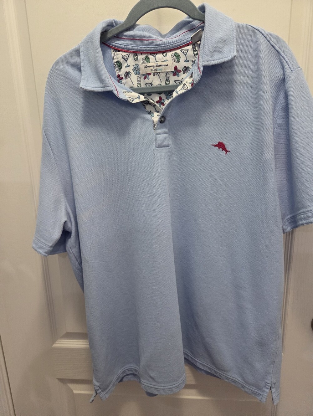 Tommy Bahama Almaphi Views Light Blue Polo with Red Dolphin Embroidery